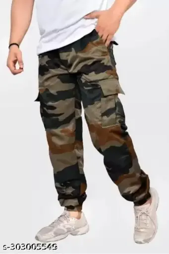 Men's Regular Fit Army Print Cargo Style Casual Trousers Pants